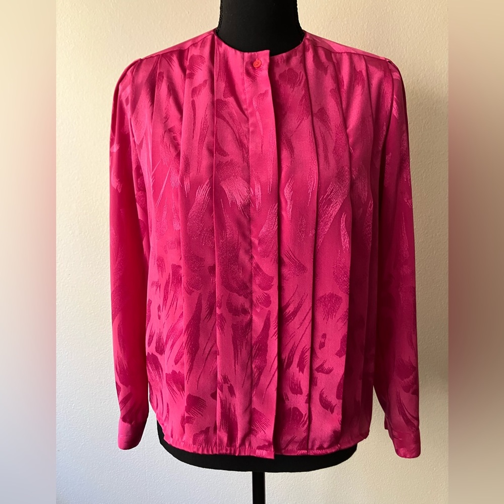 Vintage '80s Axiom Hot Pink Silky Pleated Blouse Abstract Floral Pattern Small